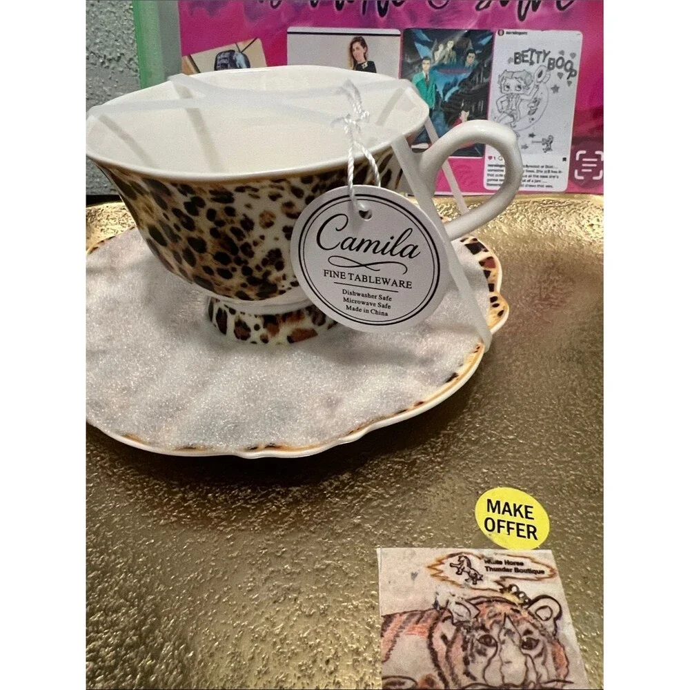Camilla Leopard Print Teacup and Saucer Set - White Interior